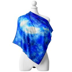 Handcrafted blue cosmic silk scarf with serene celestial tones by Cosminha