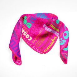 Handcrafted vibrant silk scarf with graphic text pattern from Cosminha’s luxury line