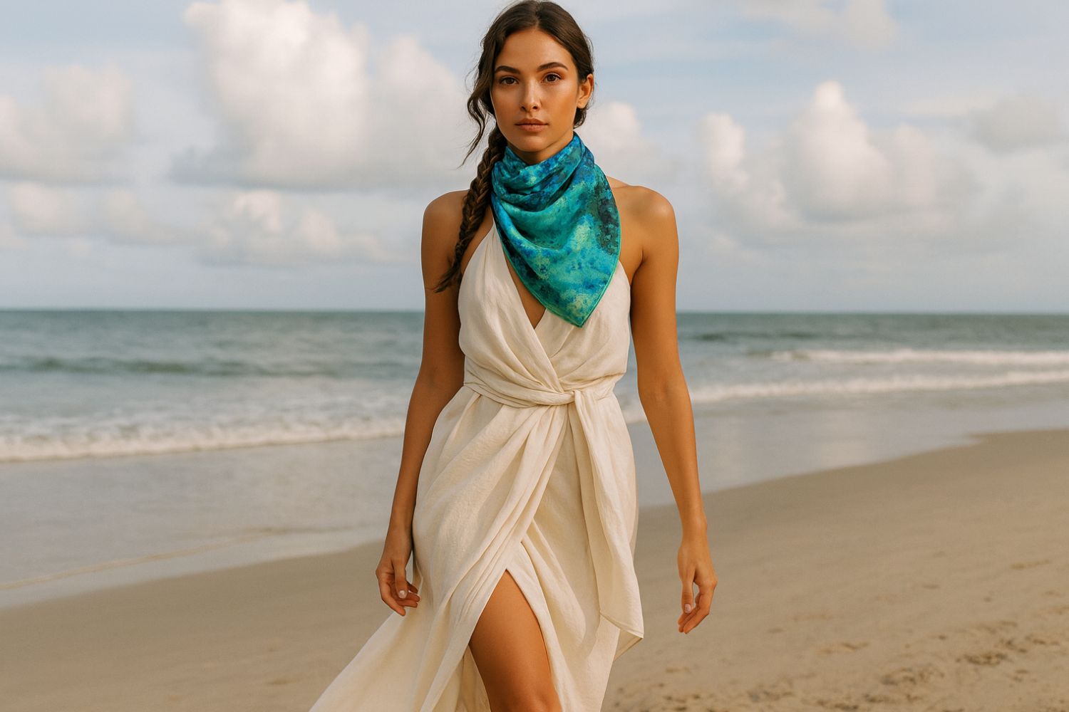 Cosminha-Luxury-Silk-Scarves-Cosmic-Reef-Beach-Beutiful-Brunette-At-the-beach