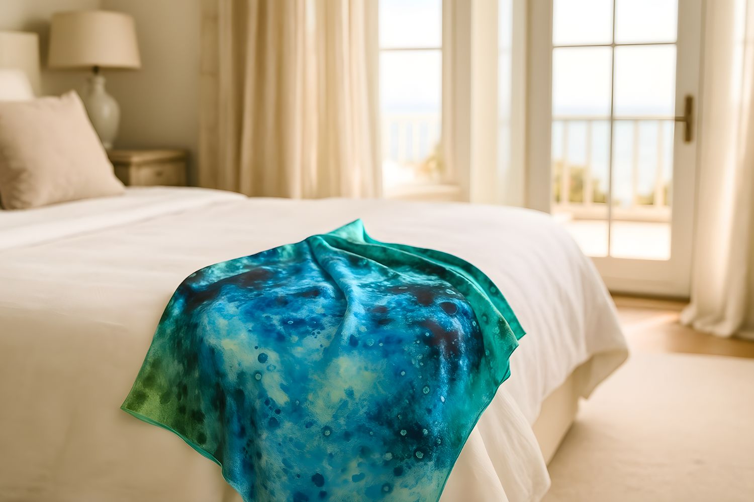 Cosminha Luxury Silk Scarves Cosmic Reef Elegant Coastal Master Bedroom